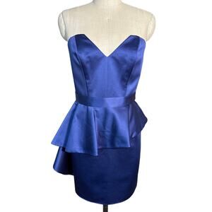 NWT y2k ABS Satin Strapless Cocktail Mini Peplum Dress in Blue Size 10